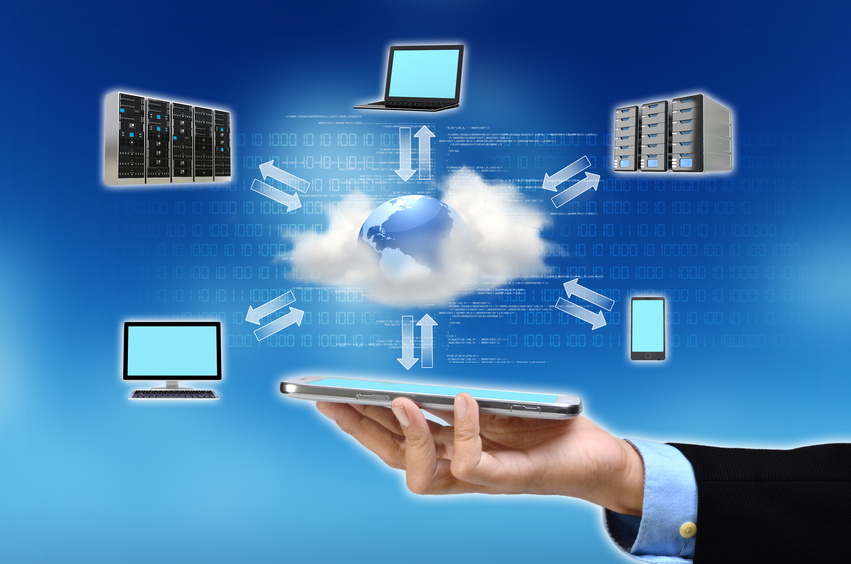 A businessman hand holding and showing the concept of cloud computing internet technology in his hand